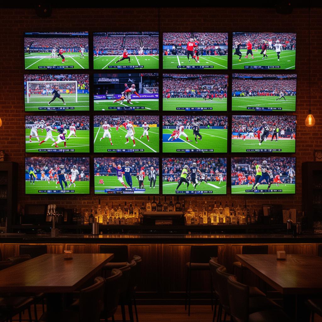Sports bar wall of 12 TVs all showing live games
