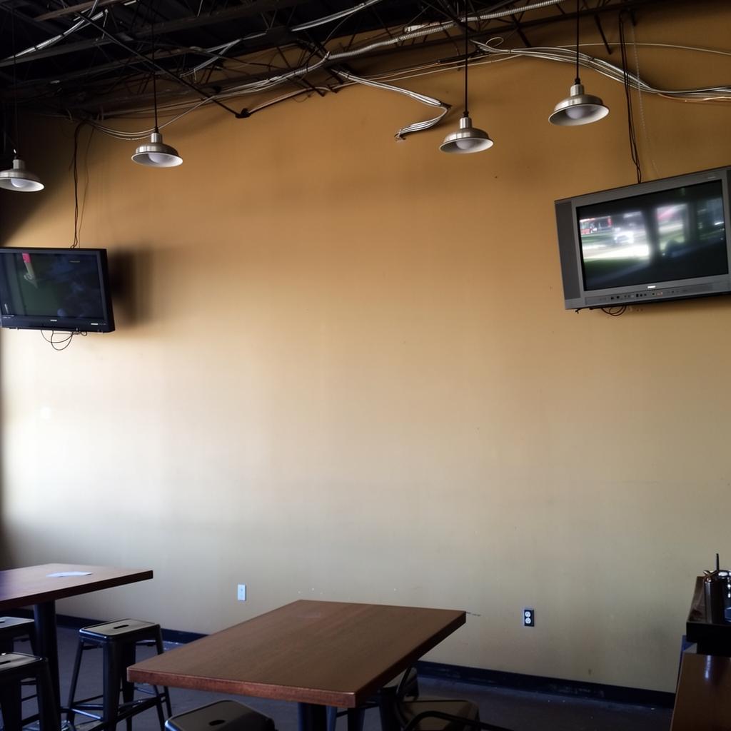 Empty sports bar wall with old small TVs and exposed conduit