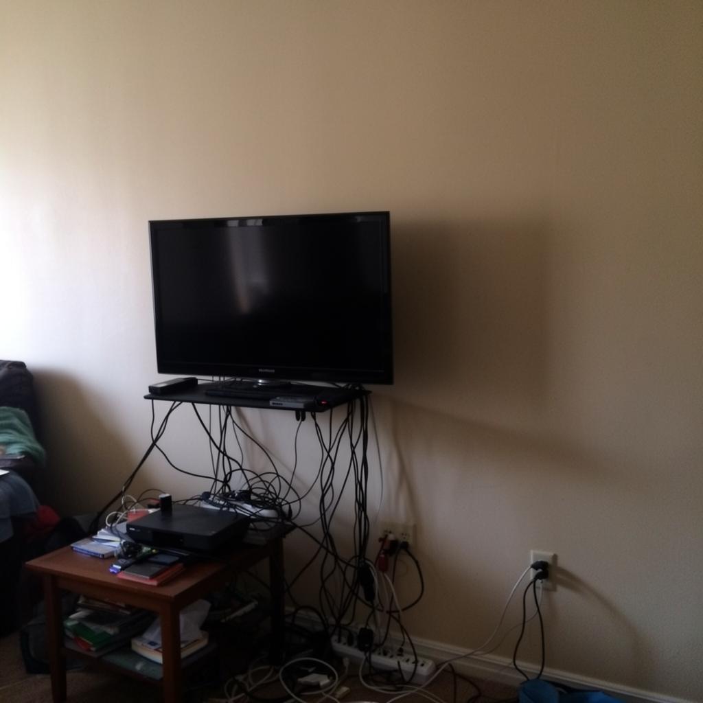 Messy TV setup with tangled cables on a console