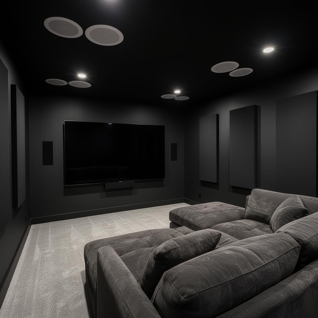 Finished home theater with mounted OLED and in-ceiling speakers