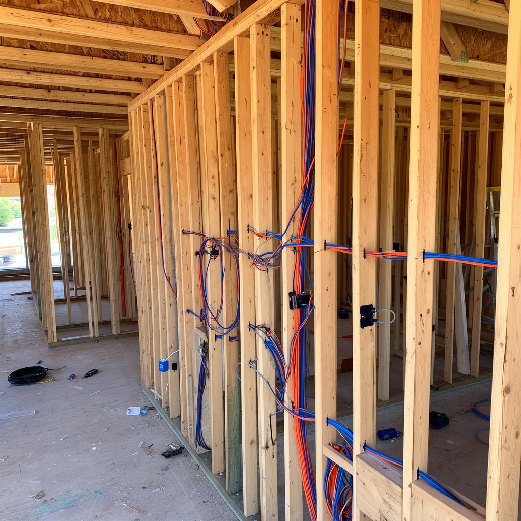 Open stud wall with low-voltage pre-wire cables